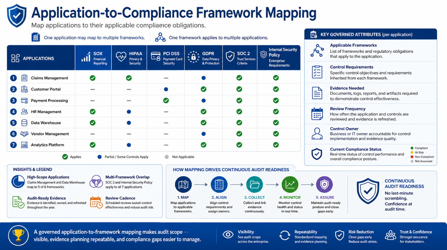 Maintain audit readiness - know which applications are subject to which compliance frameworks — Application-to-Compliance…